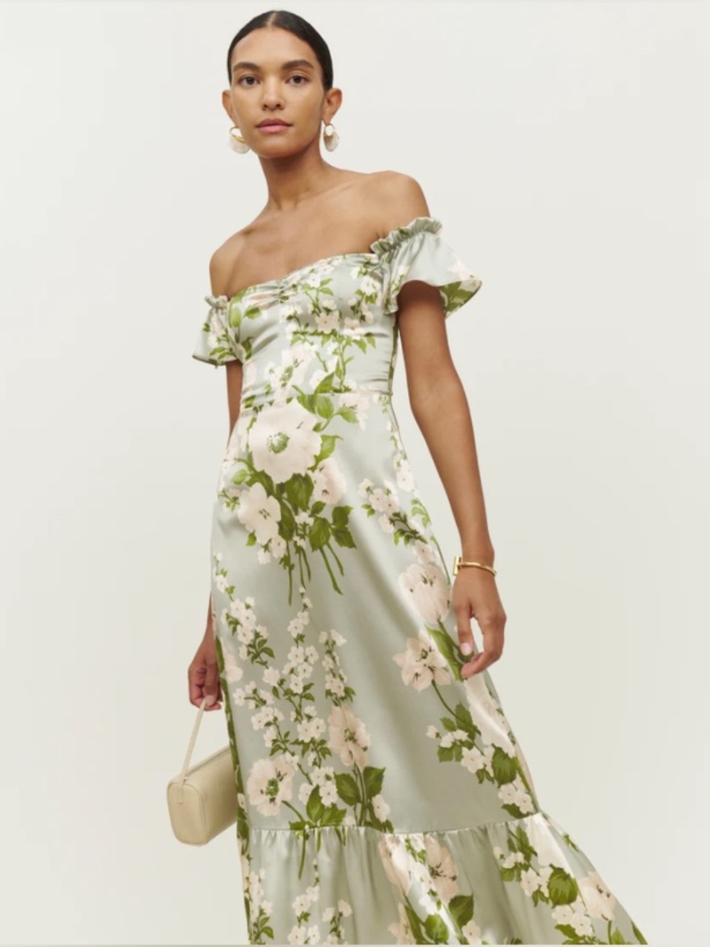Reformation Sianna Floral Silk Dress in Sage and Cream (Tarragon)